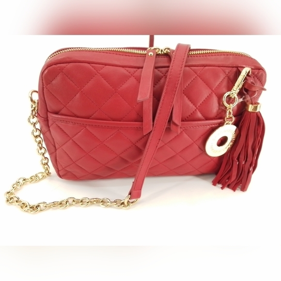 ISAAC Mizrahi RED Quilted Leather Crossbody Handbag Tan Chain Strap Shoulder Bag - Picture 2 of 13